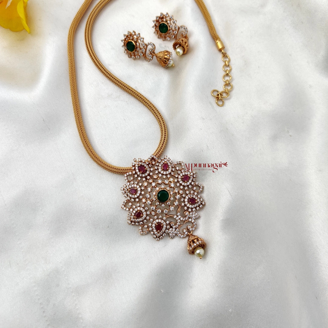 Intricately crafted AD stone Pendant chain - Ruby and Green