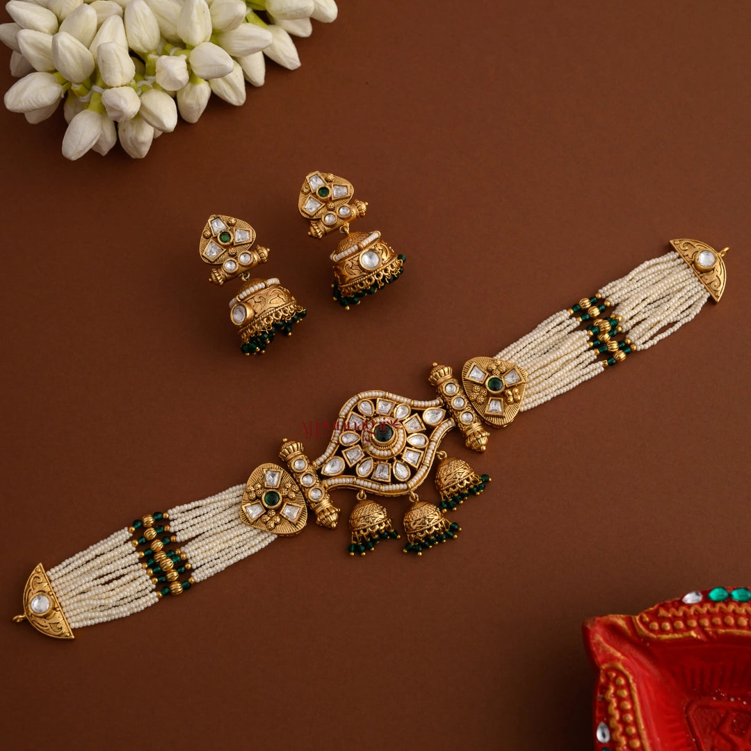 Dazzling Kundan Pearl Choker - Green