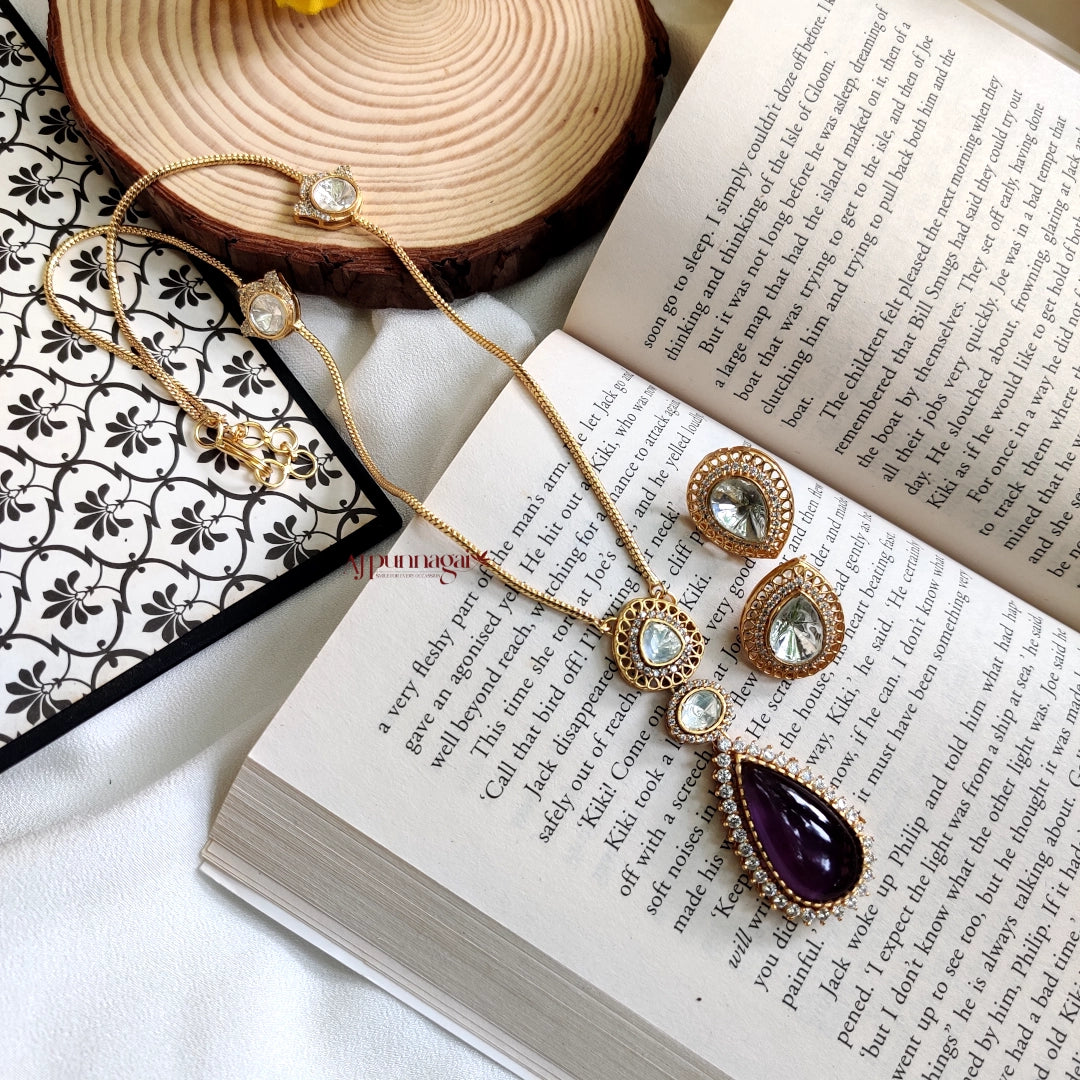 Dazzling Polki Mossanite Pendant set - Purple