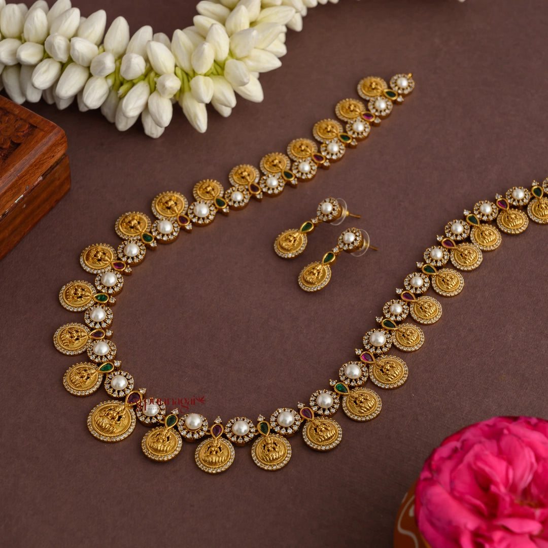 Traditional Lakshmi Coin Gold Look Alike Haram - Multi