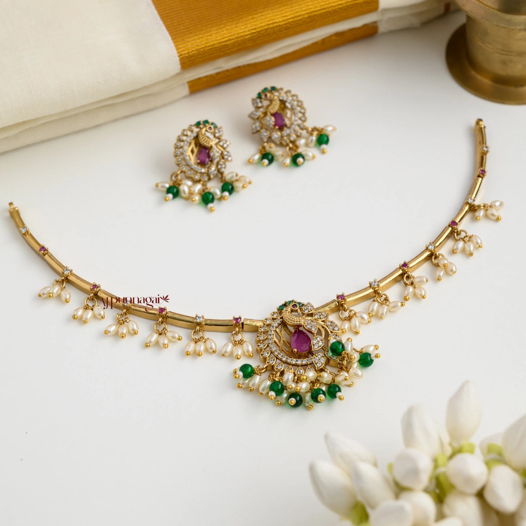 Splendid Peacock Necklace with Rice Pearl