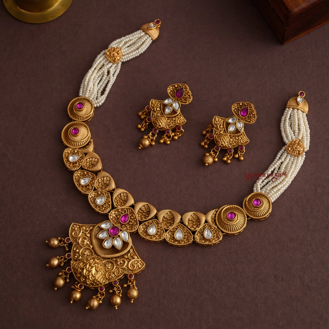 Stunning Kundan With White Bead Necklace - Ruby
