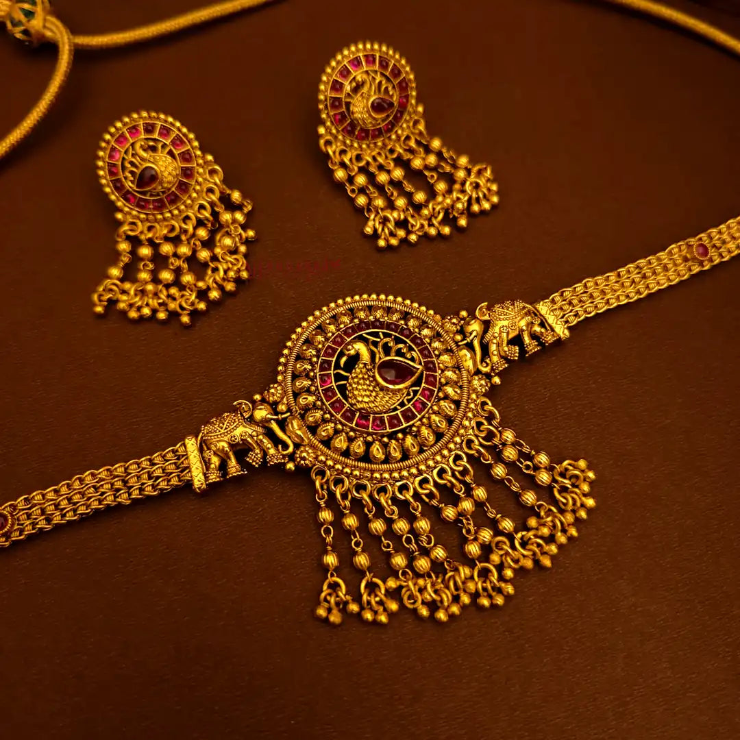 Royal Look Peacock with Elepant Motifs Choker - Ruby