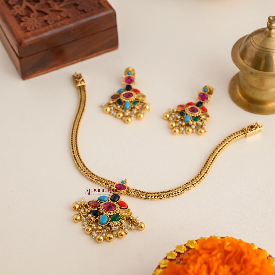 Traditional South India Style Kemp Necklace - Navaratna