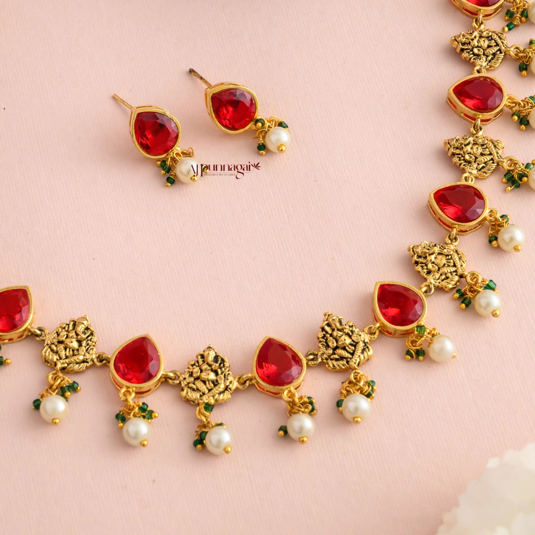 Ganesha Motifs Necklace - Maroon