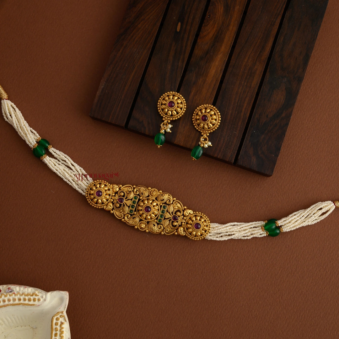 Stylish Floral Antique High Neck Choker - Multi