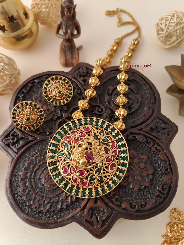 Royal Look Peacock design Beaded Haram - Green