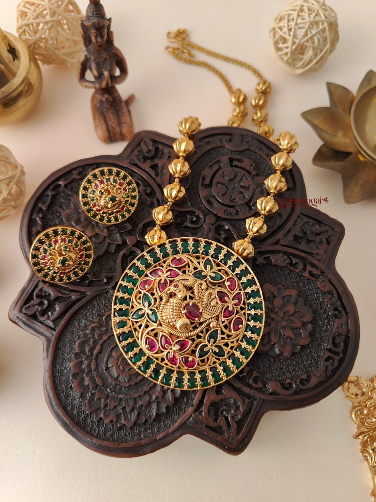 Royal Look Peacock design Beaded Haram - Green