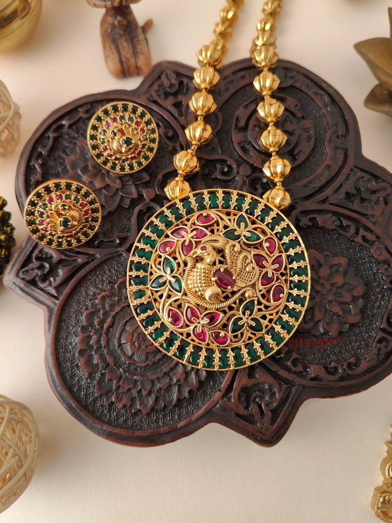 Royal Look Peacock design Beaded Haram - Green