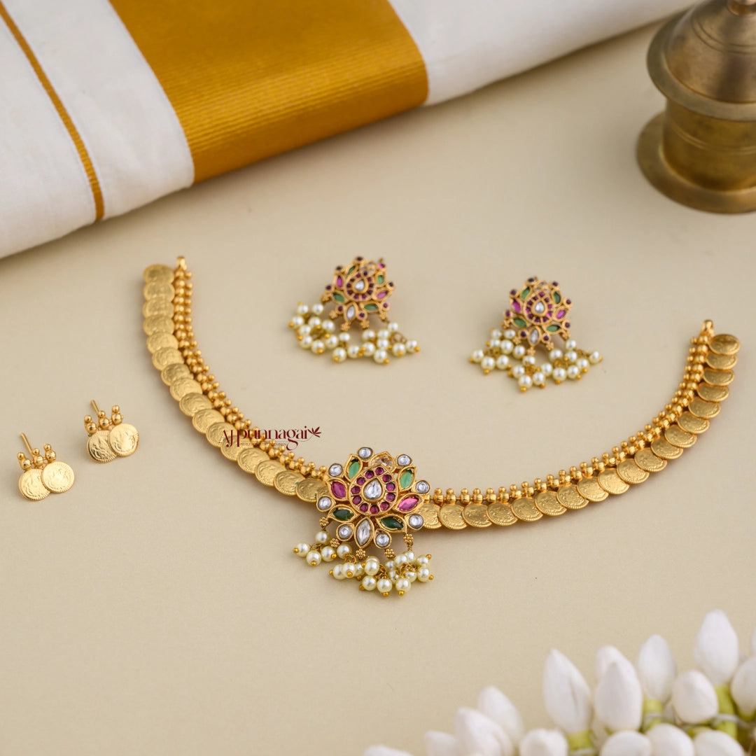 2 in 1 Interchangeable Lotus Pendant With Lakshmi Coin Necklace