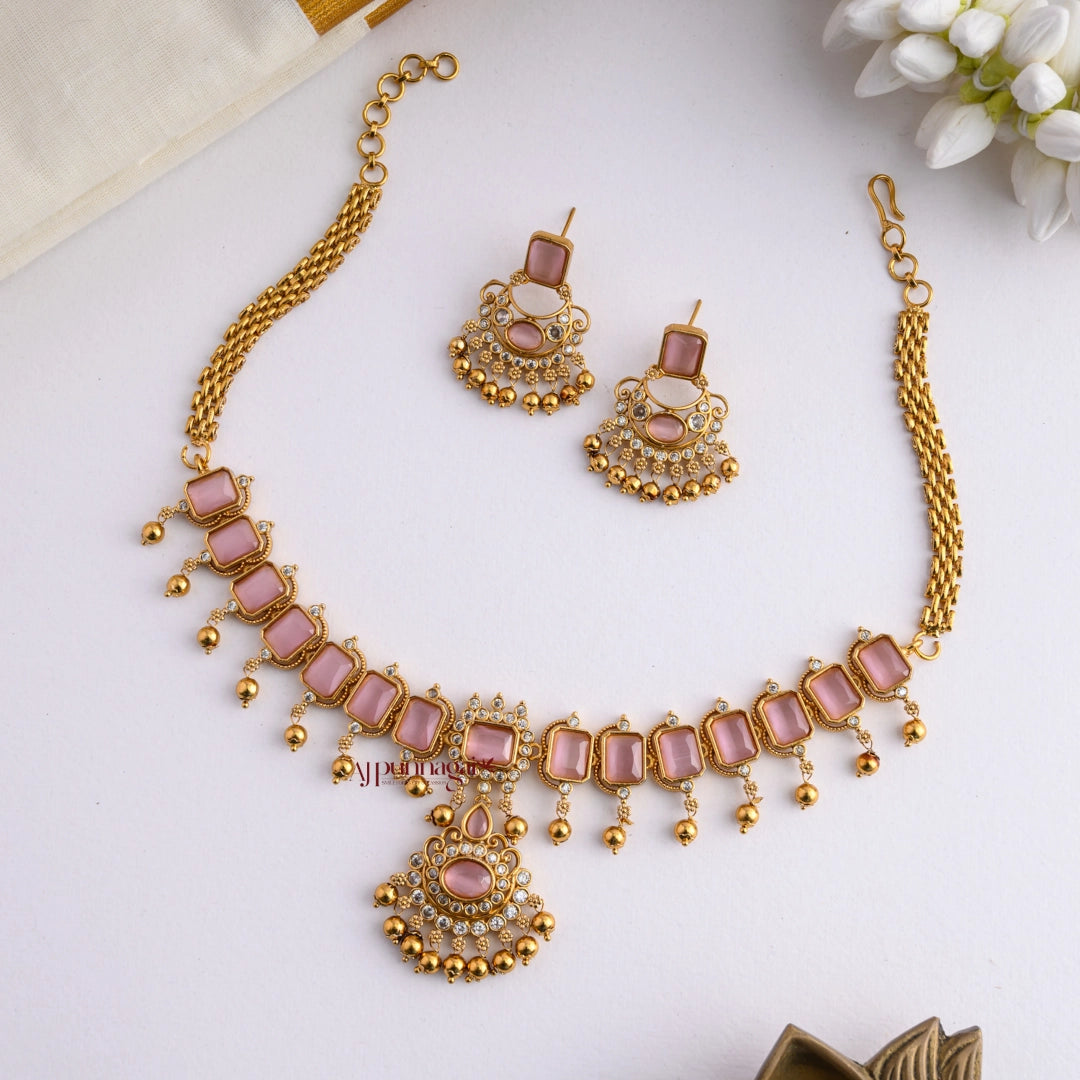 Bold AD Stone Necklace - Pastel Pink