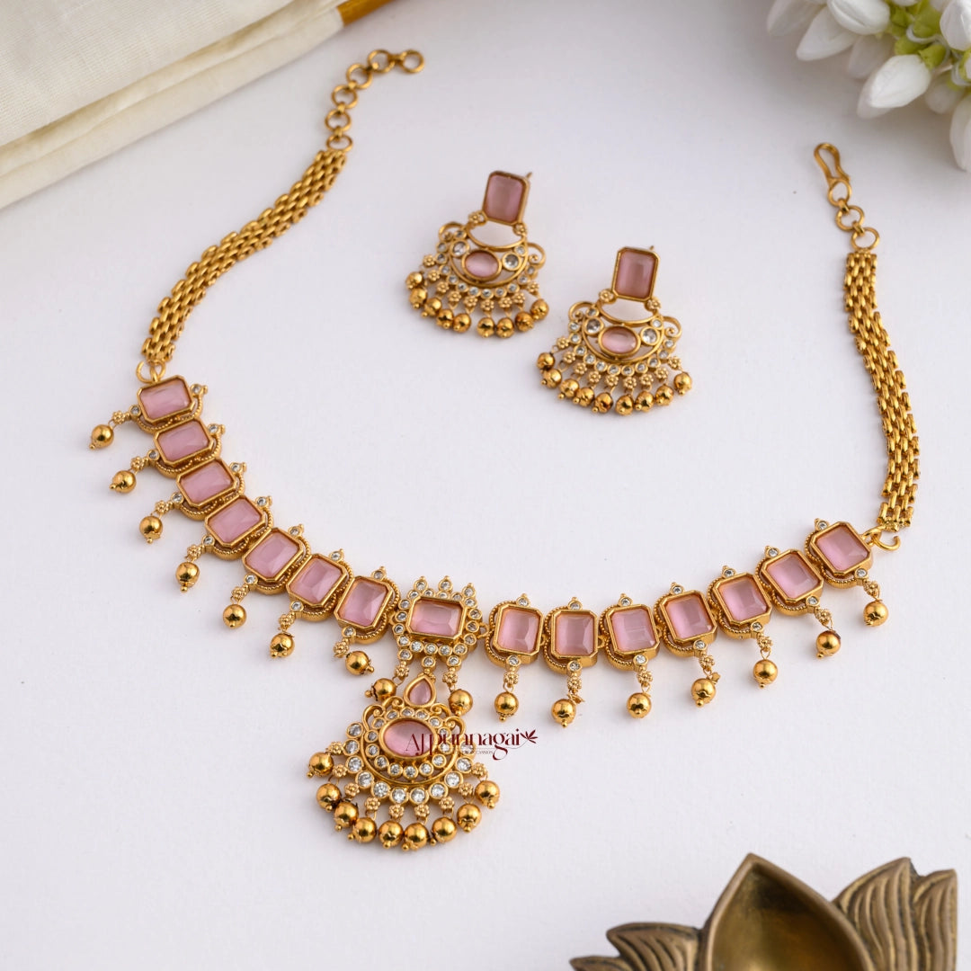 Bold AD Stone Necklace - Pastel Pink