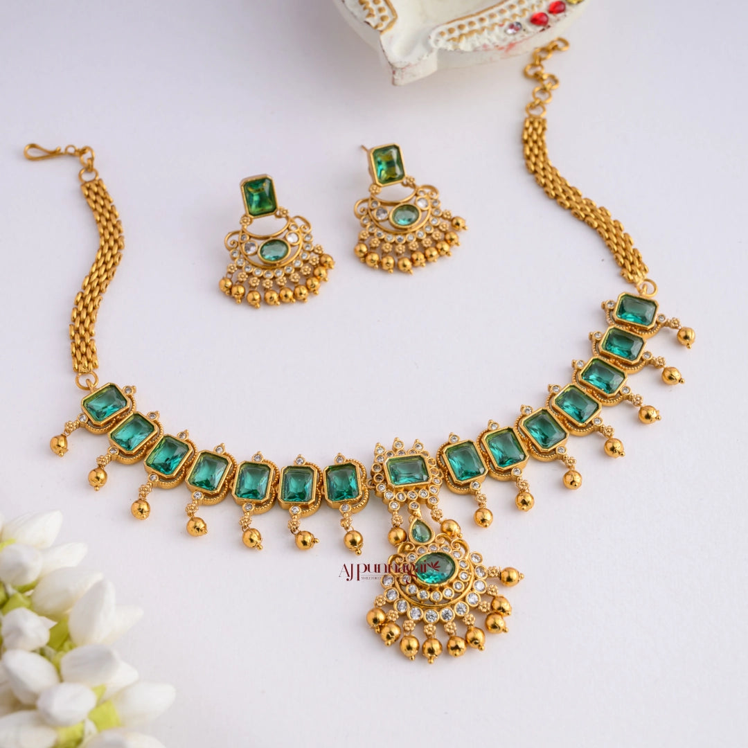 Bold AD Stone Necklace - Peacock Green