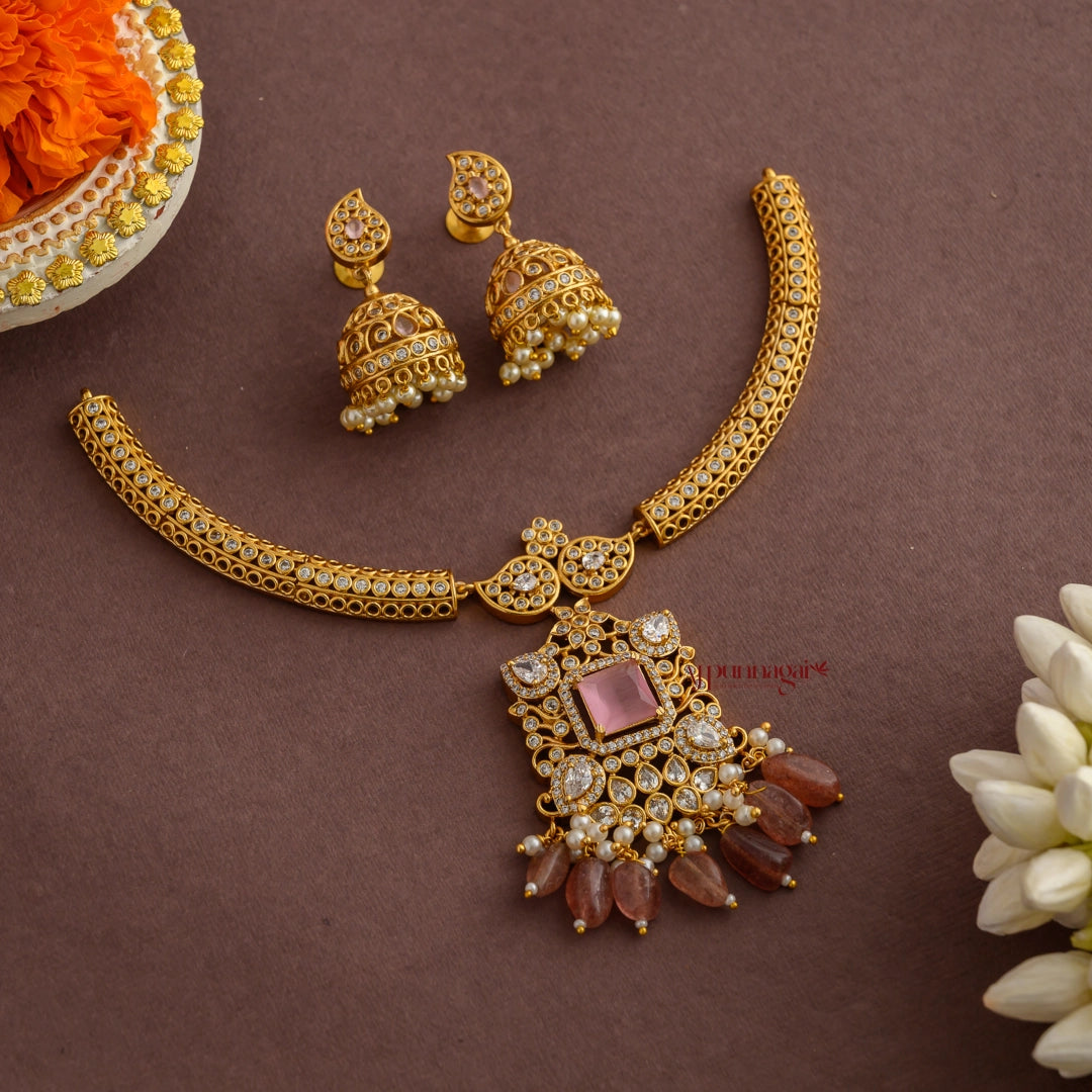 Royal Look AD Hasli Necklace - Pastel Pink