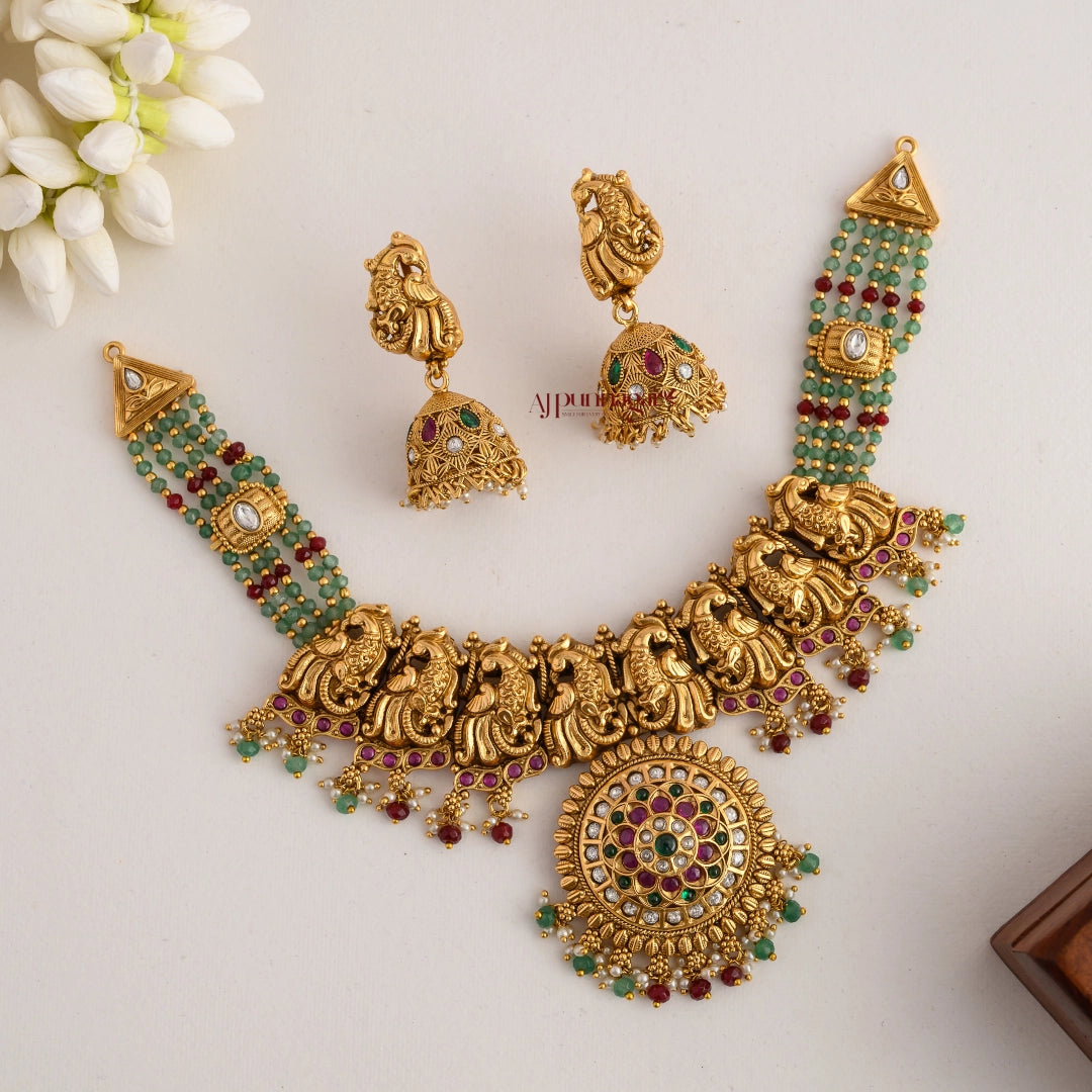Gold Look Alike Peacock Mint Green Beaded Necklace