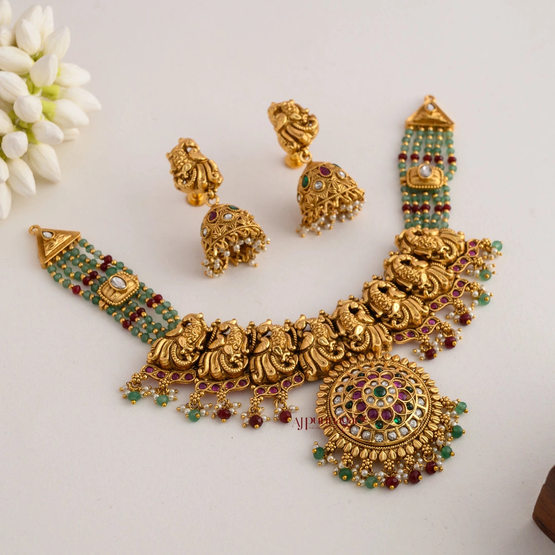 Gold Look Alike Peacock Mint Green Beaded Necklace