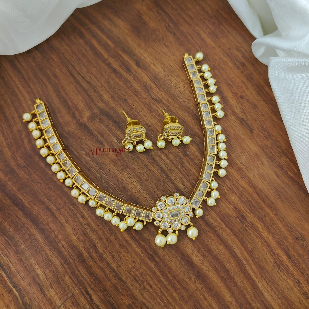 White AD Stone Necklace with Pearls