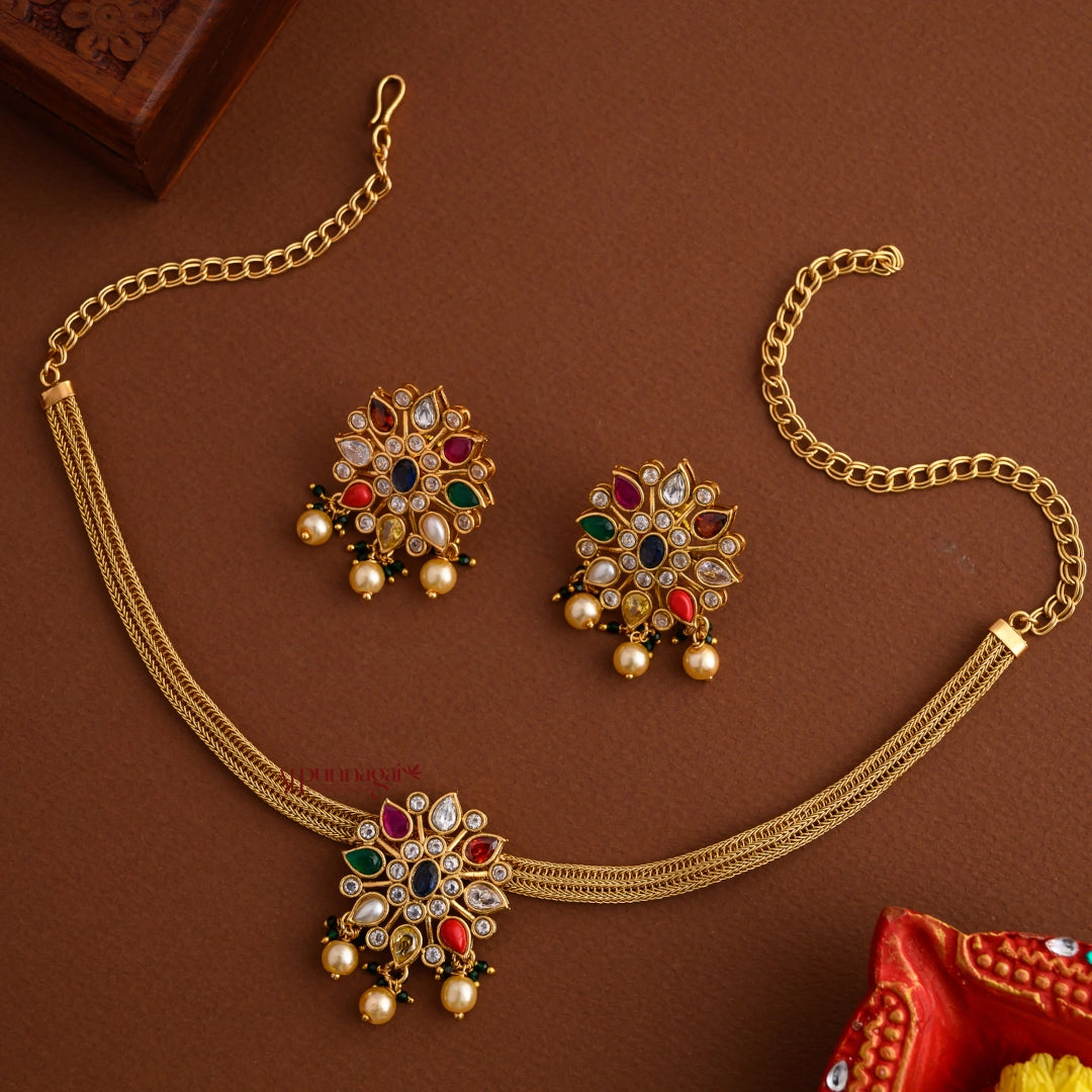Drop Shaped Navaratna Matt Necklace