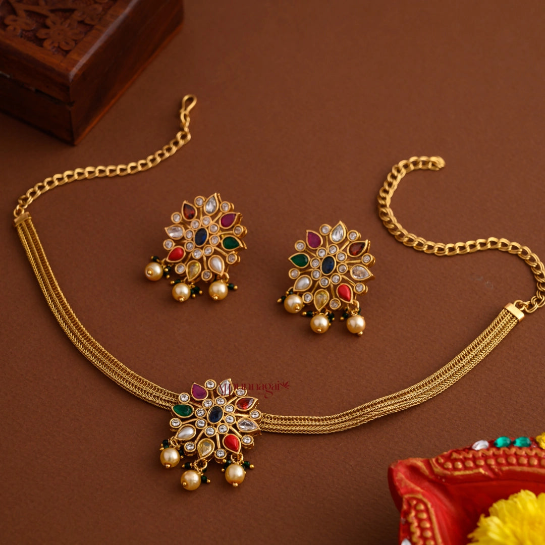 Drop Shaped Navaratna Matt Necklace