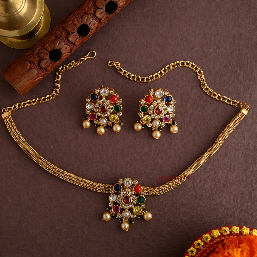 Traditional Style Navaratna Matt Necklace