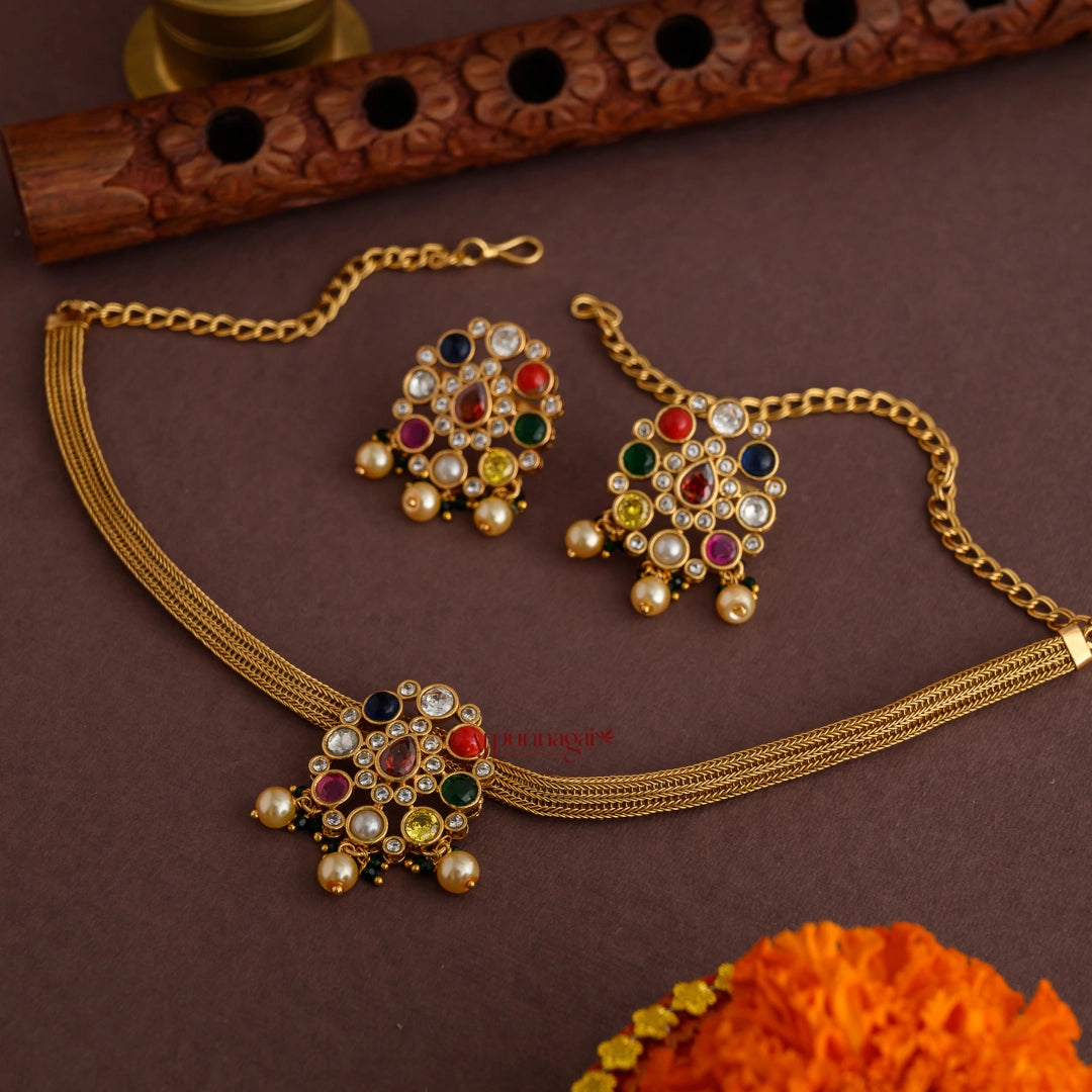 Traditional Style Navaratna Matt Necklace