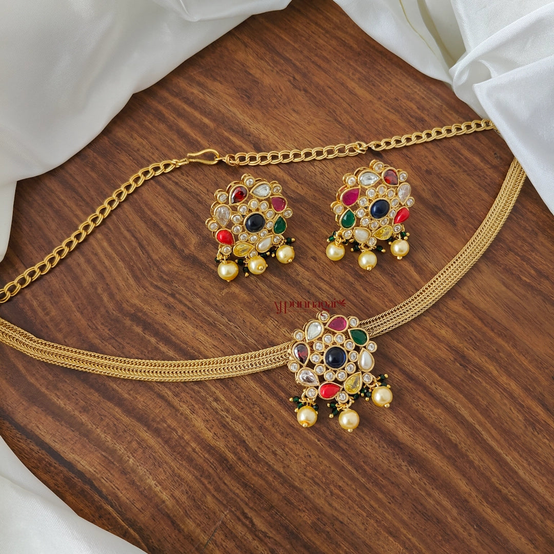 Floral Style Navratna Necklace - Main Image