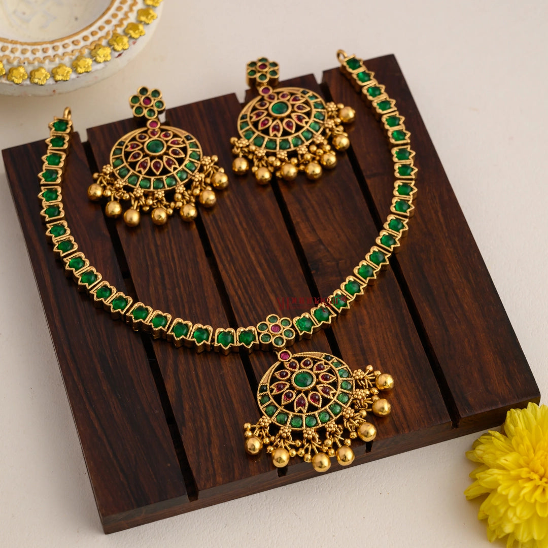 Gold Look Alike Kemp Attigai - Green with Ruby