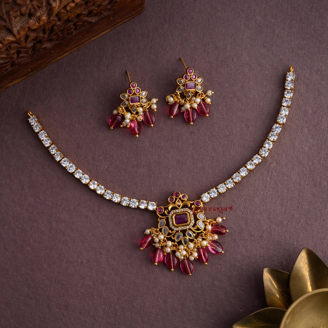 AD Stone Necklace with Pink Beads