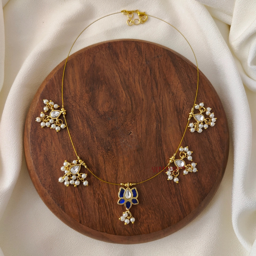 Lotus Kundan Jadau Invisible Necklace - Blue with White