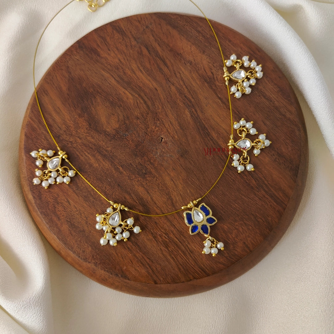 Lotus Kundan Jadau Invisible Necklace - Blue with White