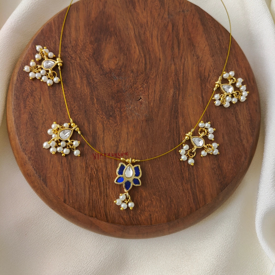 Lotus Kundan Jadau Invisible Necklace - Blue with White