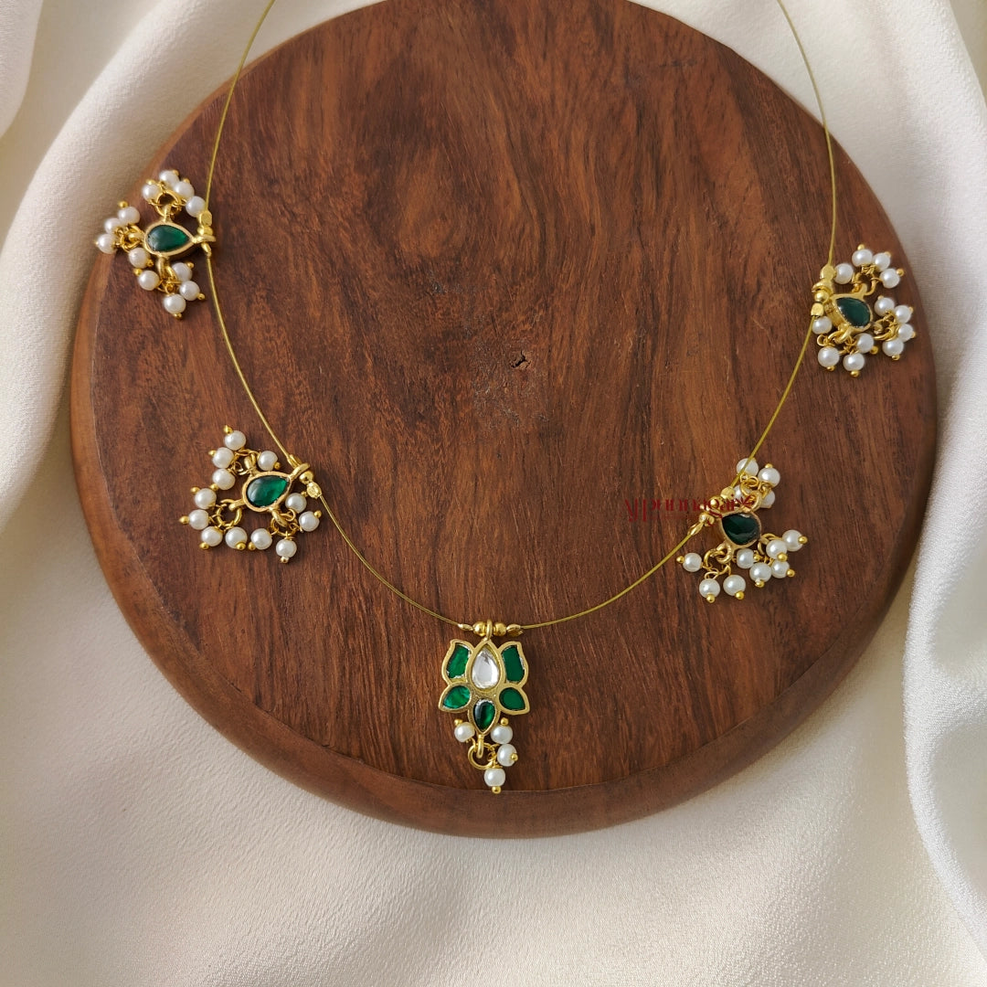 Lotus Kundan Jadau Invisible Necklace - Green with White