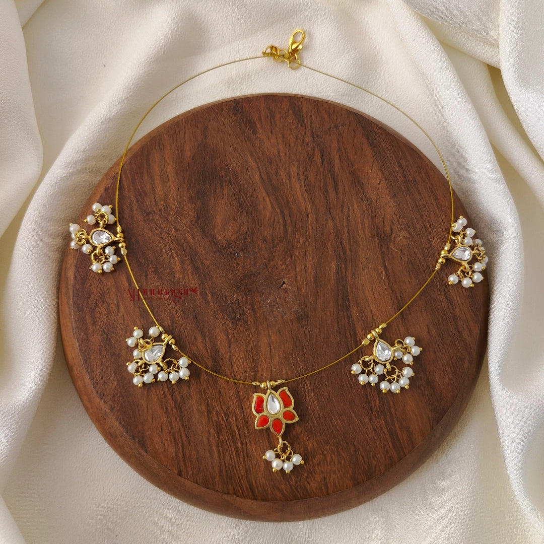 Lotus Kundan Jadau Invisible Necklace - Coral with White