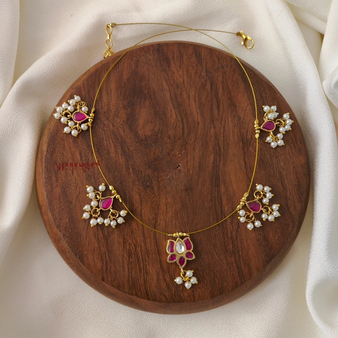 Lotus Kundan Jadau Invisible Necklace - Ruby with White