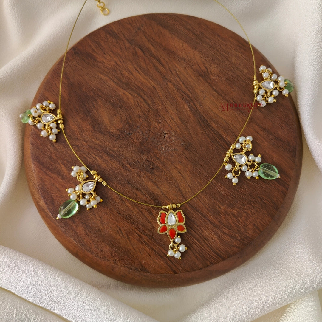 Jadau Minimalist Lotus Green Drops Necklace - Coral With White