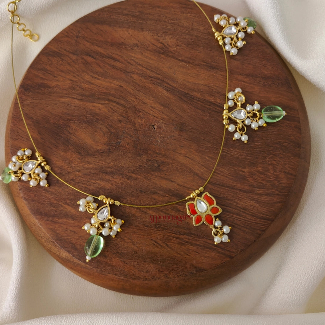 Jadau Minimalist Lotus Green Drops Necklace - Coral With White