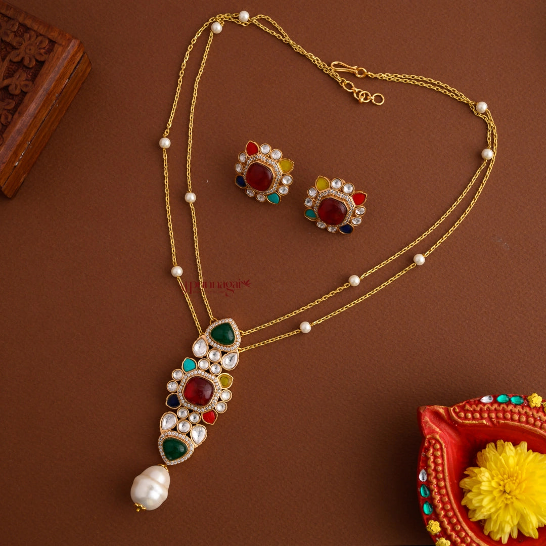 Double Layered Navaratna with Shell Pearl Chain