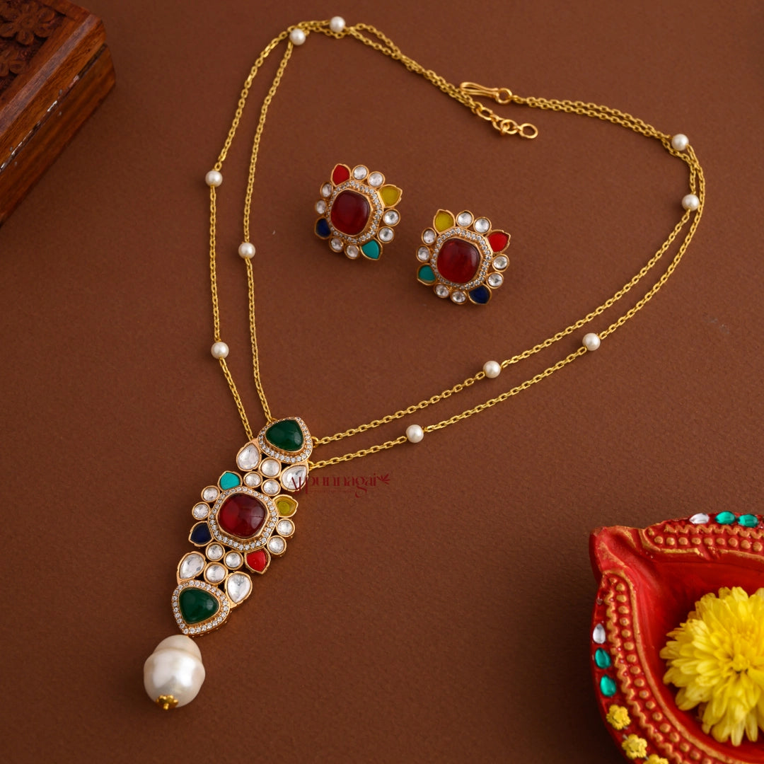 Double Layered Navaratna with Shell Pearl Chain
