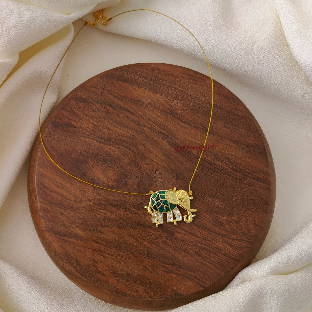 Jadau Elephant Invisible Necklace, Right - Green