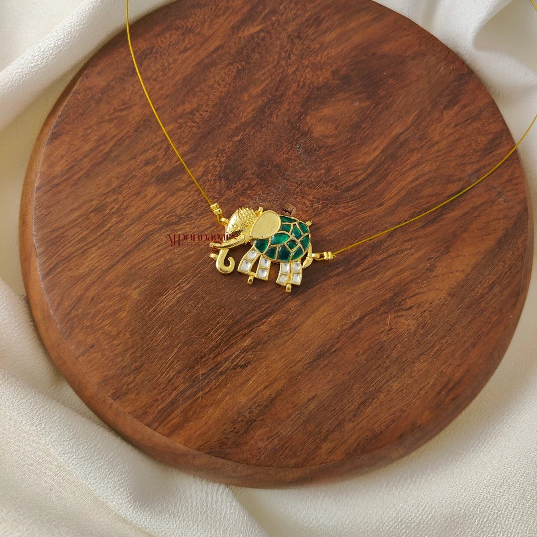 Jadau Elephant Invisible Necklace, Left - Green