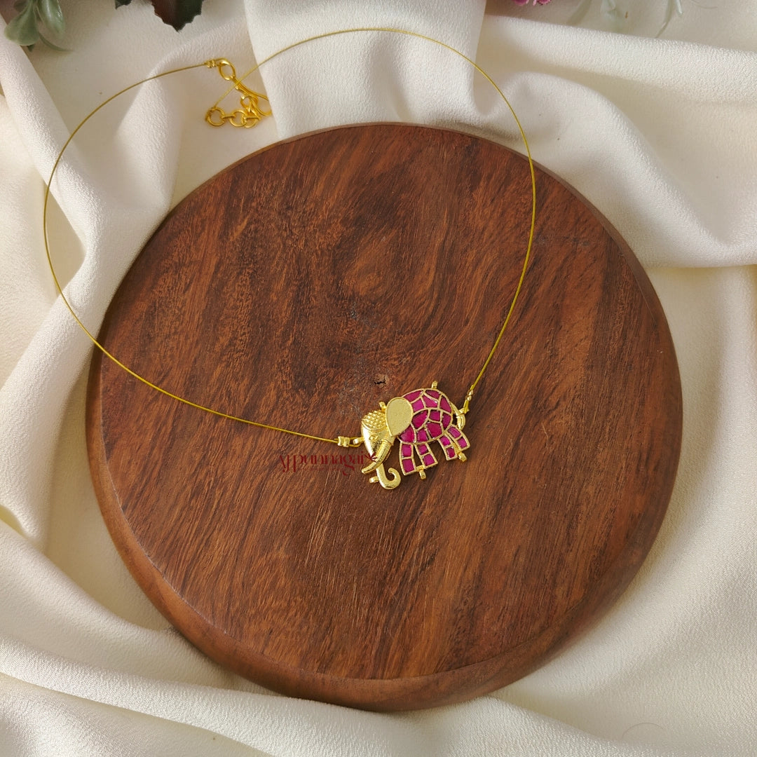 Jadau Elephant Invisible Necklace, Left - Pink