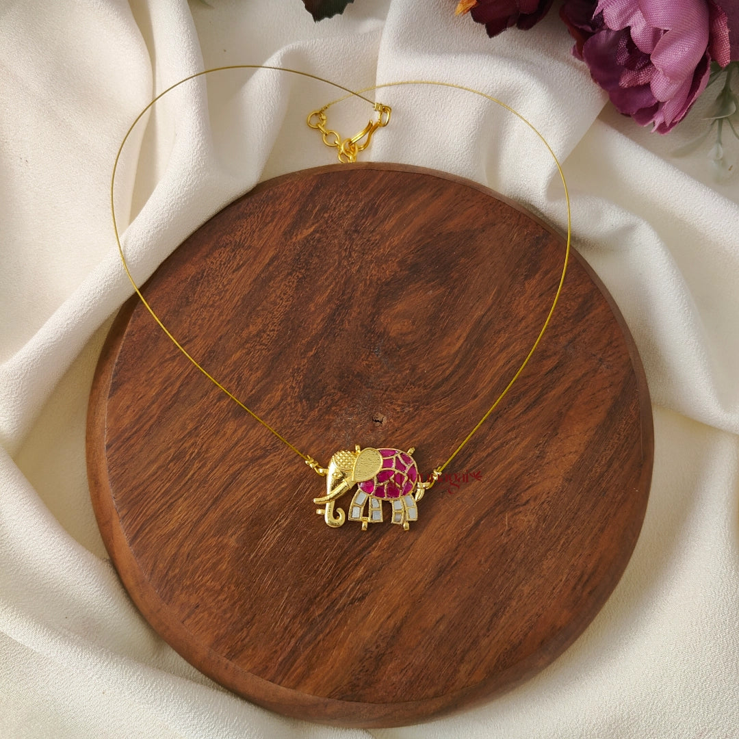 Jadau Elephant Invisible Necklace, Left - Pink with Grey