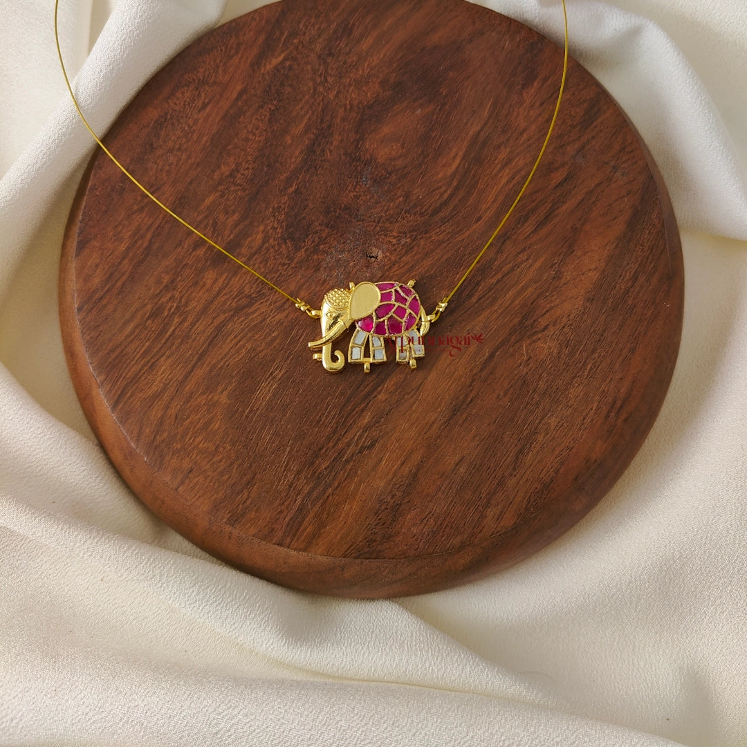 Jadau Elephant Invisible Necklace, Left - Pink with Grey