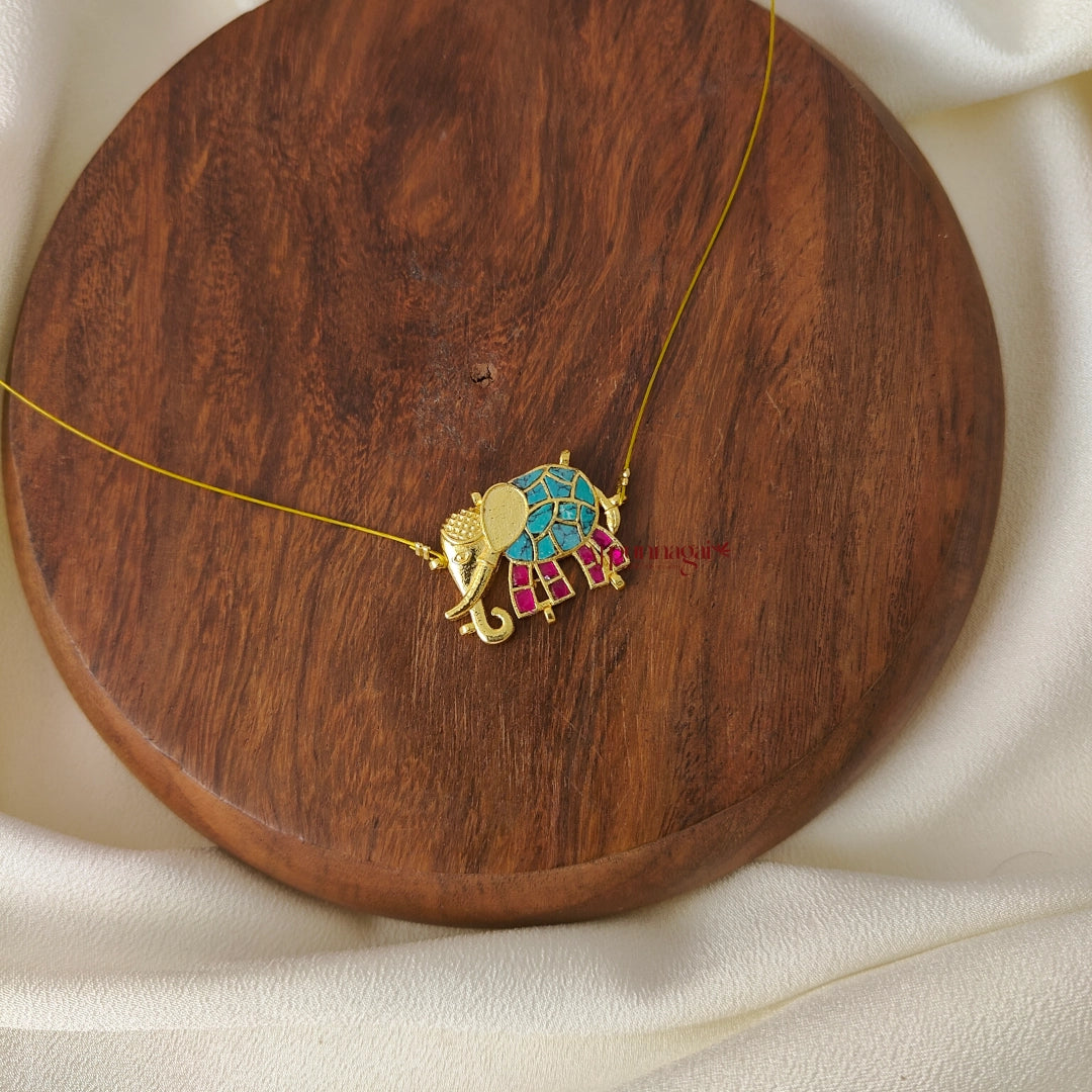 Jadau Elephant Invisible Necklace, Left - Turquoise with Pink