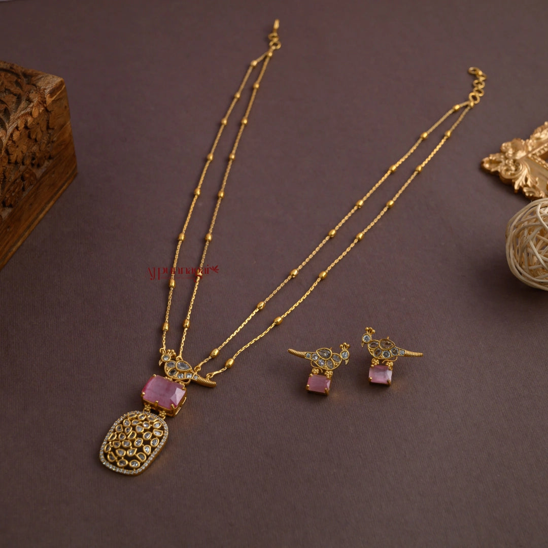 2 Line Bird Necklace - Baby Pink