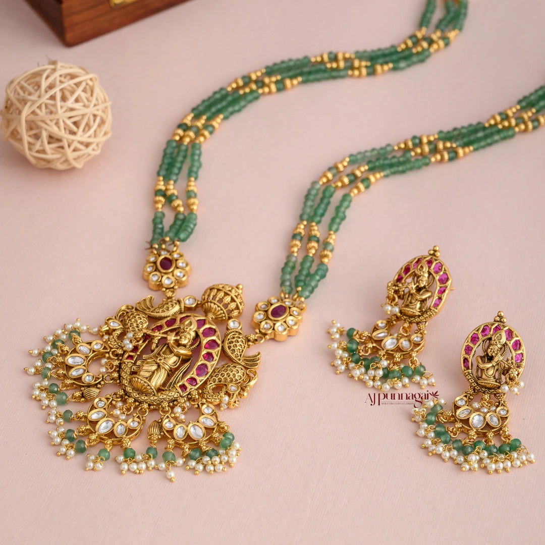 Gold Look Alike Krishna Green Beaded Bridal Haram