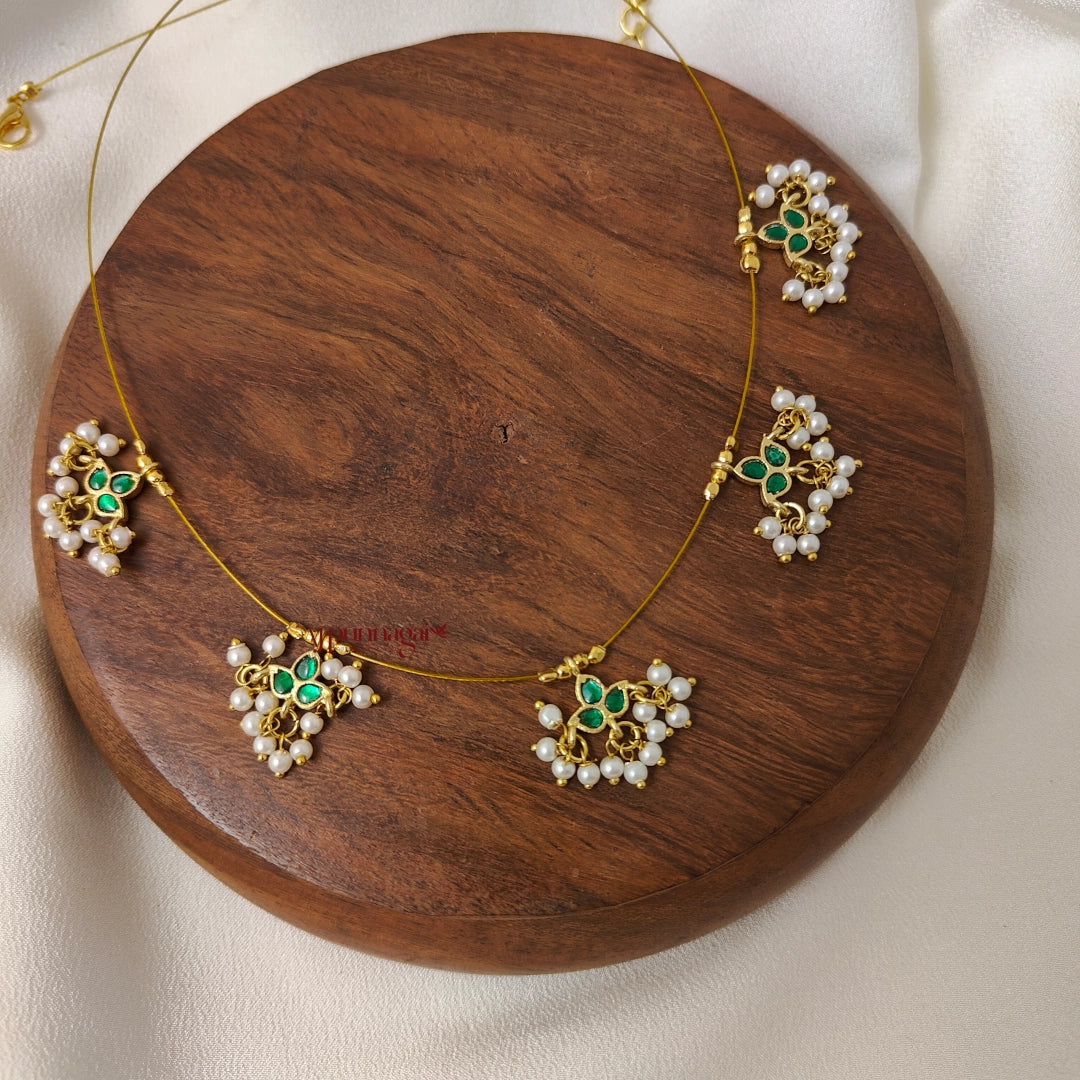 Leaf Kundan Jadau Invisible Necklace - Full Green