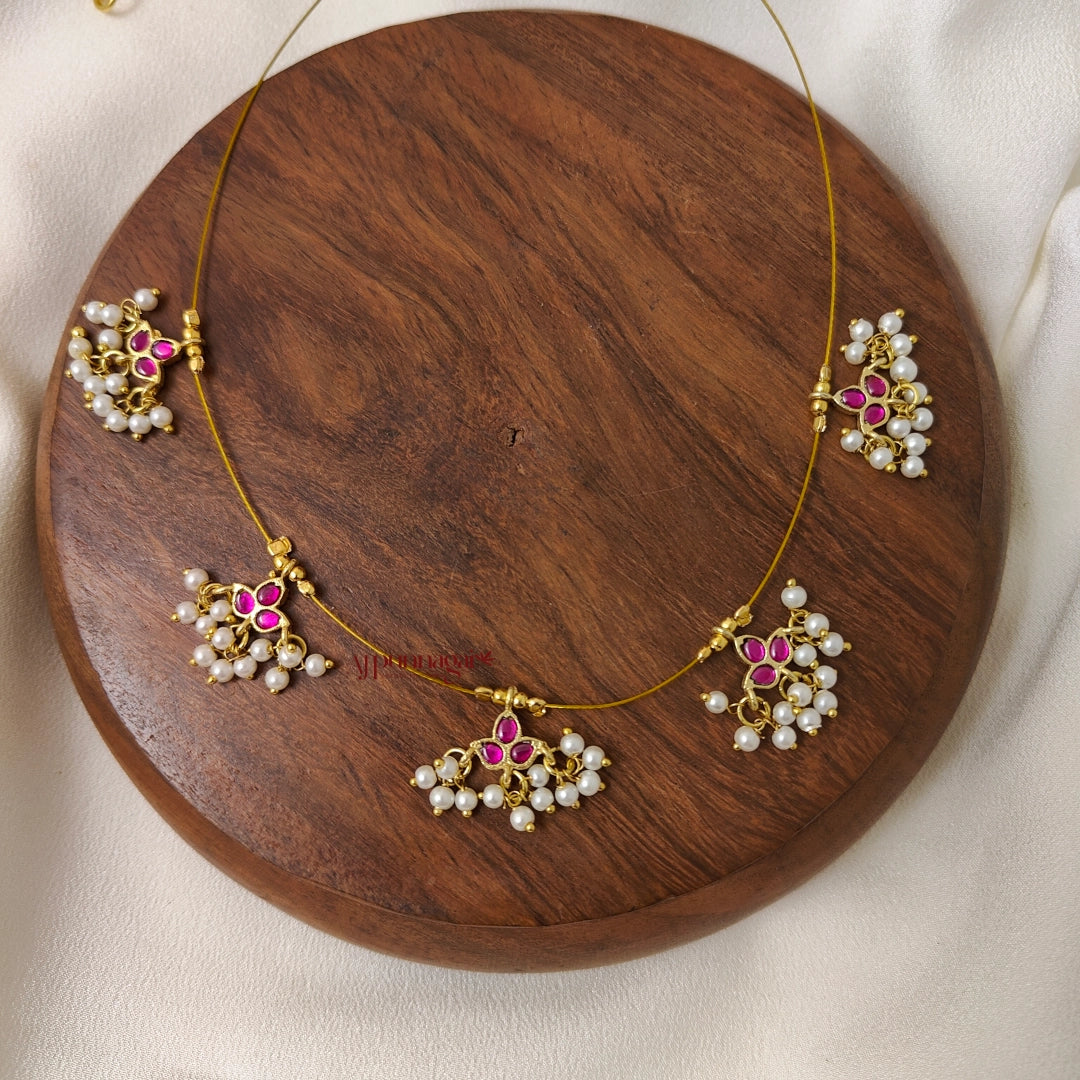 Leaf Kundan Jadau Invisible Necklace - Full Pink