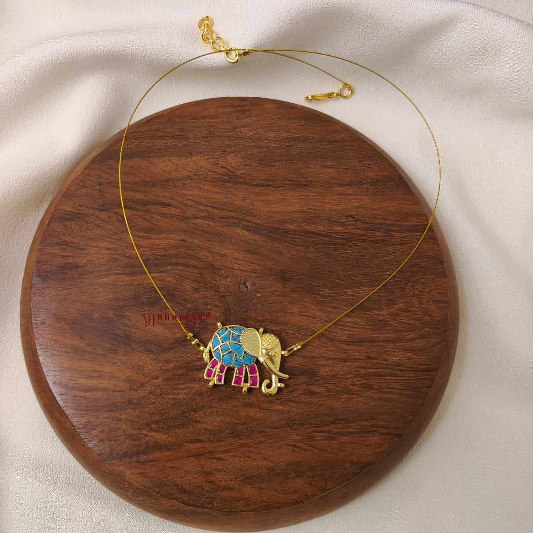 Jadau Elephant Invisible Necklace, Right - Turquoise with Pink