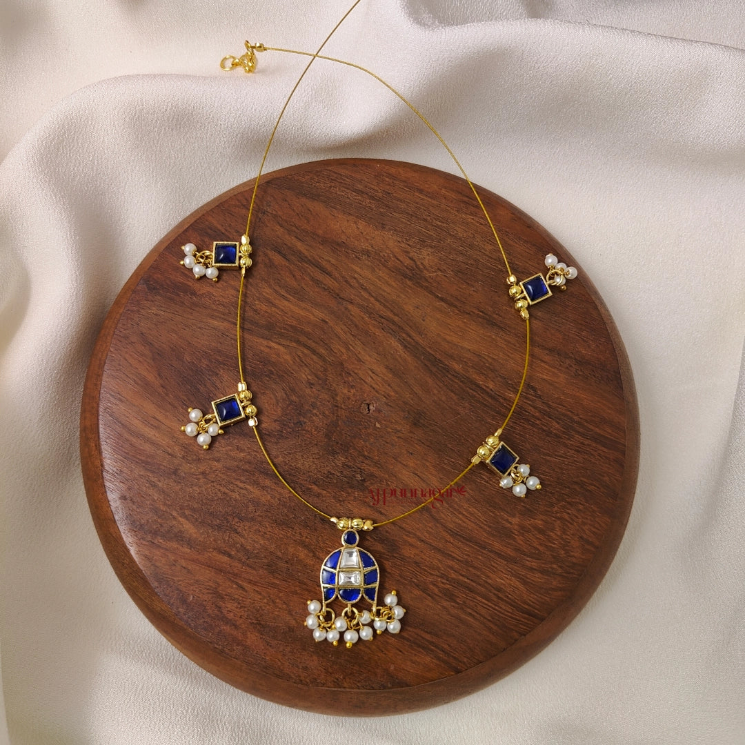Jhumka Shaped Kundan Jadau Invisible Necklace - Blue with White